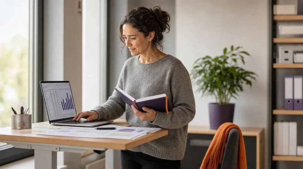 Frau am Stehschreibtisch arbeitet konzentriert am Laptop mit Tabelle, daneben violettes Notizbuch.