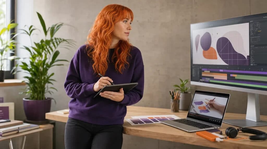 Frau mit orangefarbenen Haaren arbeitet mit Grafiktablett und Monitor an Multimedia-Designs.