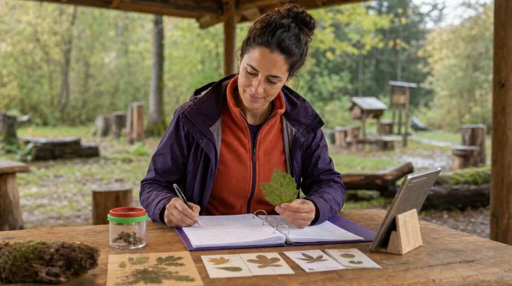 Frau im orangen Pullover bestimmt an einem Holztisch im Wald Blätter mit Notizen und Lupendose.