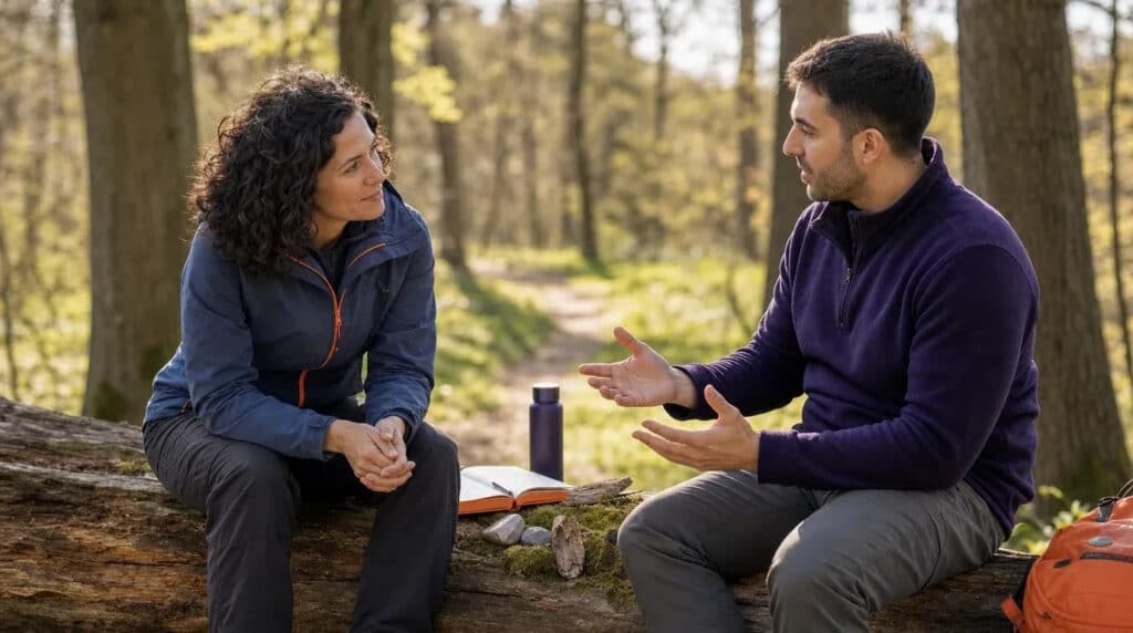 Coachin und Klient sitzen im Wald auf einem Baumstamm und sprechen; Notizheft und Naturmaterialien daneben.