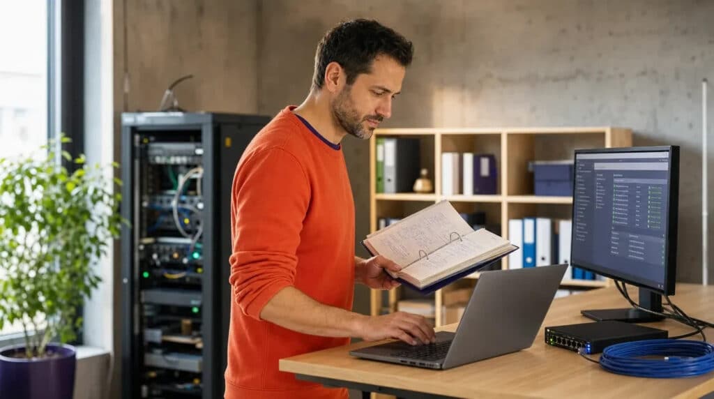 Mann im orangefarbenen Pullover arbeitet stehend am Laptop mit Serververwaltung neben einem Netzwerk-Rack.