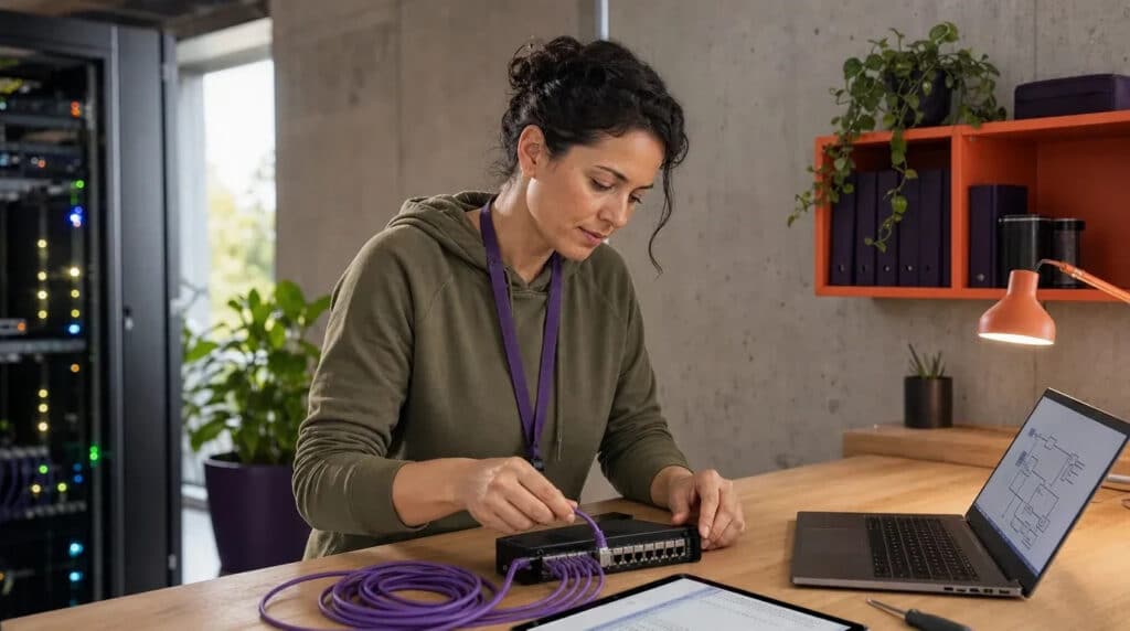 Frau steckt Patchkabel in ein Netzwerkpanel, daneben Laptop mit Netzwerkplan, oranges Regal im Hintergrund.