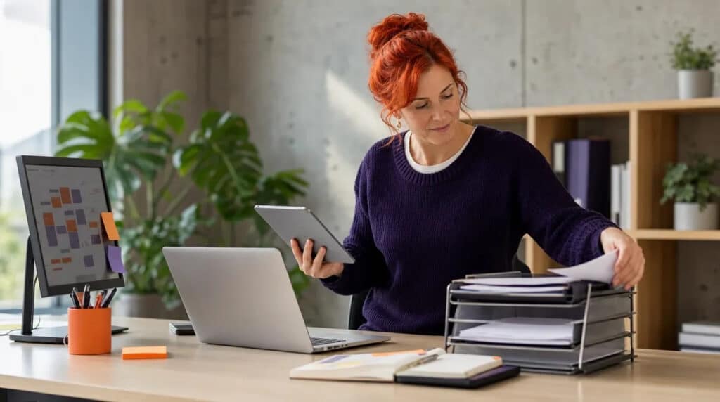 Frau mit orangerotem Haar organisiert am Stehschreibtisch Unterlagen, Tablet und Laptop im hellen Büro.