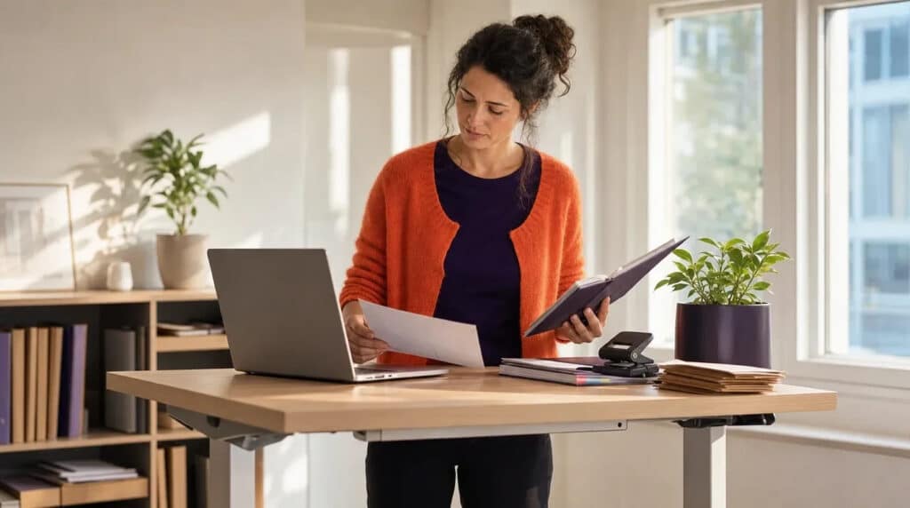Frau im orangefarbenen Pullover arbeitet stehend am Schreibtisch mit Laptop, Ordner und Notizen.
