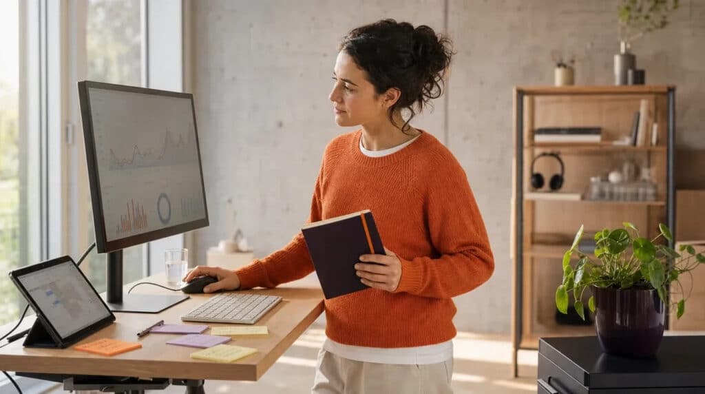 Frau im orangefarbenen Pullover steht am Stehschreibtisch und wertet Statistiken auf einem Monitor aus.