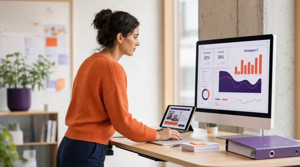 Frau im orangefarbenen Pullover arbeitet am Stehtisch vor Monitor mit Marketing-Dashboard.