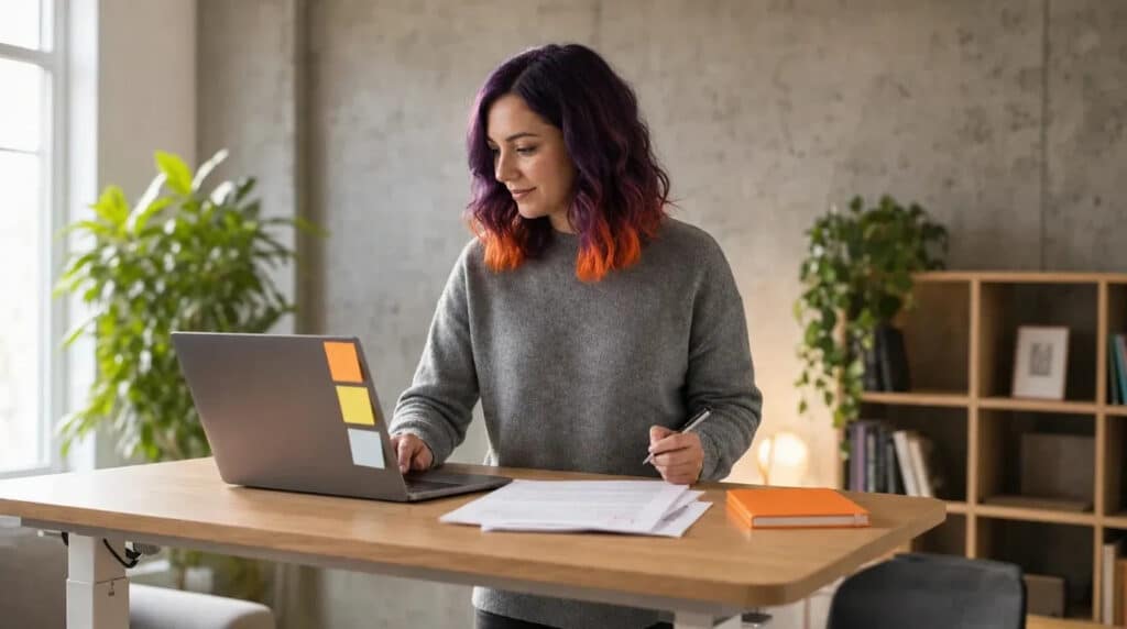 Frau mit violett-orangefarbenen Haaren schreibt konzentriert am Stehschreibtisch an einem Text.