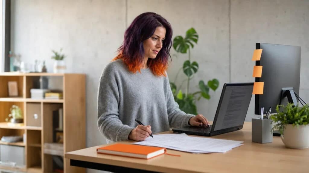 Frau mit violett-orangefarbenen Haaren schreibt konzentriert am Stehschreibtisch an einem Text.