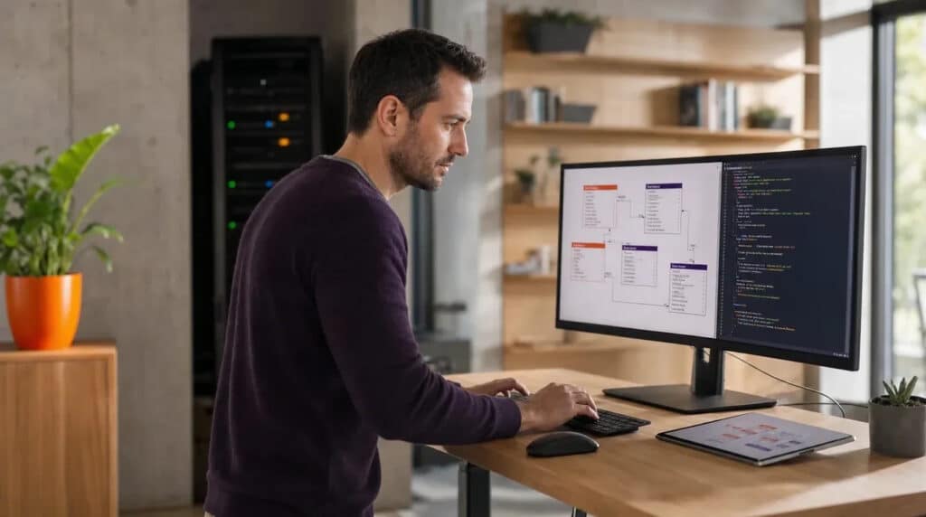 Mann am Stehschreibtisch betrachtet Datenbankschema in Orange und Violett auf einem Monitor.