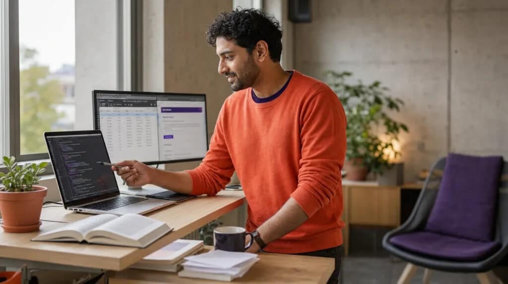 Mann im orangefarbenen Pullover arbeitet stehend am Schreibtisch an Code auf Laptop und Monitor.