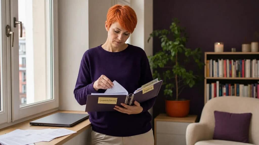 Frau mit orangeroten Haaren steht am Fenster und liest konzentriert in einem Ringbuch mit Fachunterlagen.