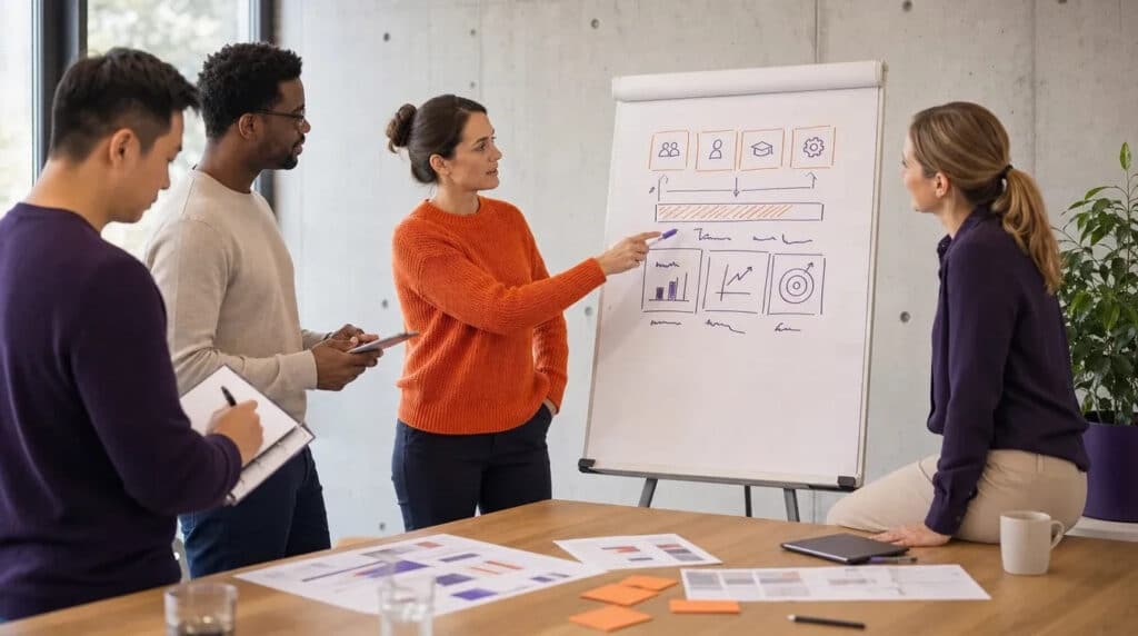 Vier Personen stehen im hellen Besprechungsraum am Flipchart mit orange-violettem Kompetenzraster.