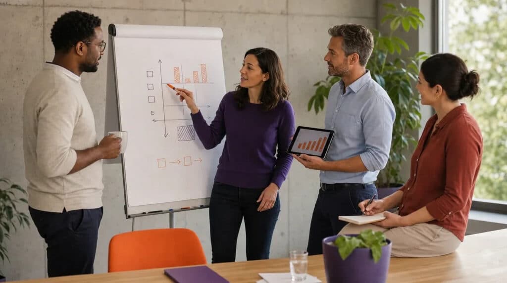 Vier Personen stehen am Flipchart und entwickeln gemeinsam ein Kompetenzraster in Orange und Violett.