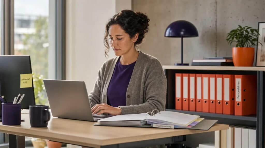 Frau am Stehschreibtisch im Büro arbeitet am Laptop, dahinter Regal mit orangefarbenen Personalordnern.
