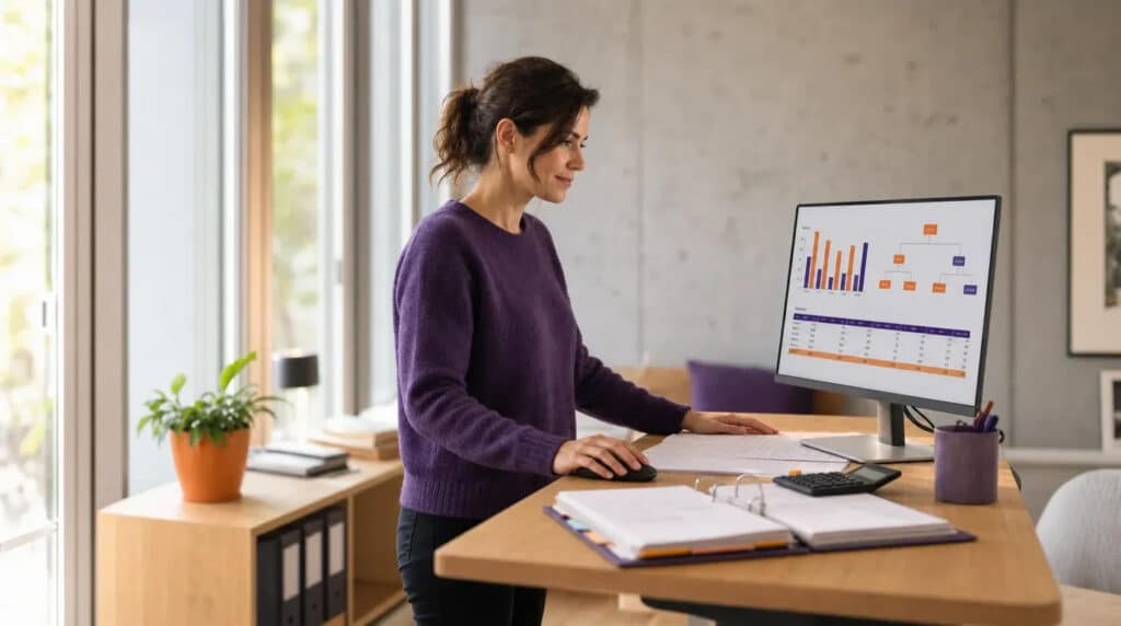 Frau im violetten Pullover am Stehschreibtisch, Monitor zeigt orange Personalstatistik und Organigramm.