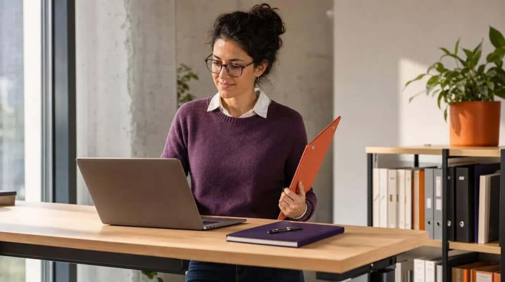 Frau am Stehschreibtisch mit Laptop, orangefarbenem Ordner und Personalakten im hellen Büro.