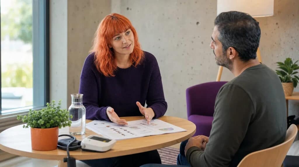 Gesundheitsberaterin mit orangen Haaren erklärt einem Mann im hellen Beratungsraum einen Plan.