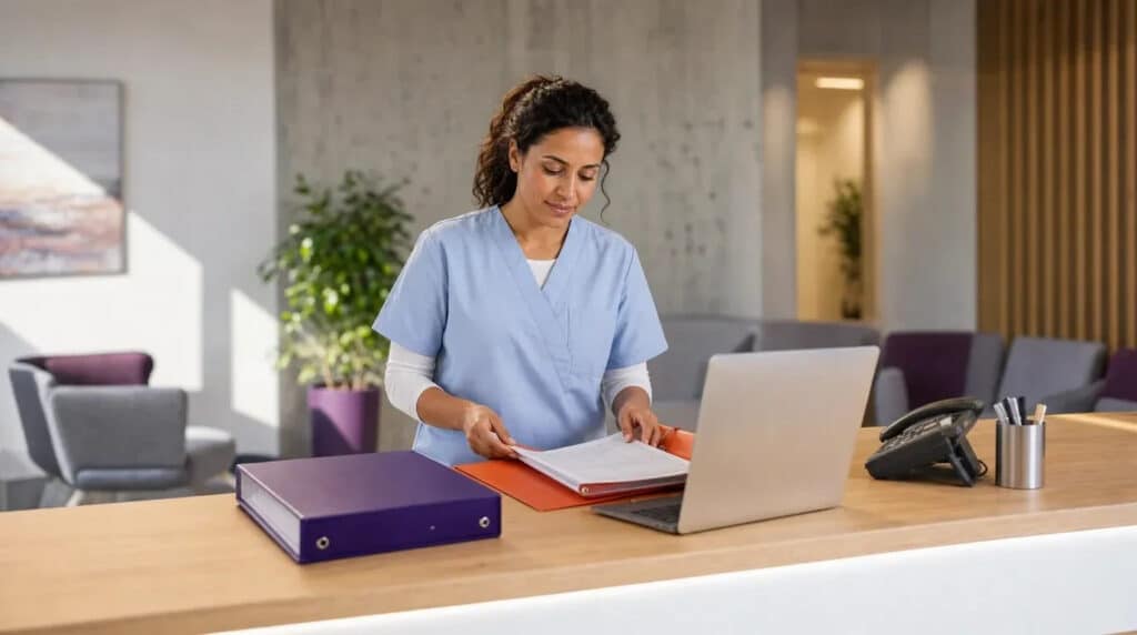 Frau in Kasack sortiert am Empfang einer Arztpraxis Unterlagen in orangefarbenem Ordner, Laptop daneben.