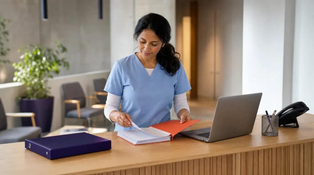 Frau in Kasack sortiert am Empfang einer Arztpraxis Unterlagen in orangefarbenem Ordner, Laptop daneben.