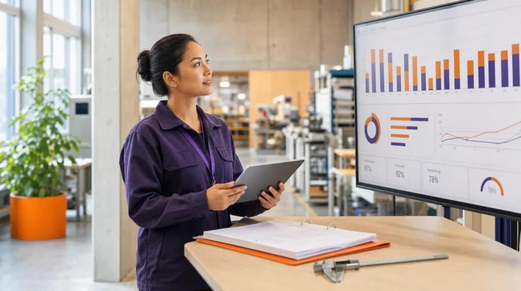 Frau mit Tablet steht in heller Fertigungshalle vor Monitor mit orange-violetter Produktionsplanung.