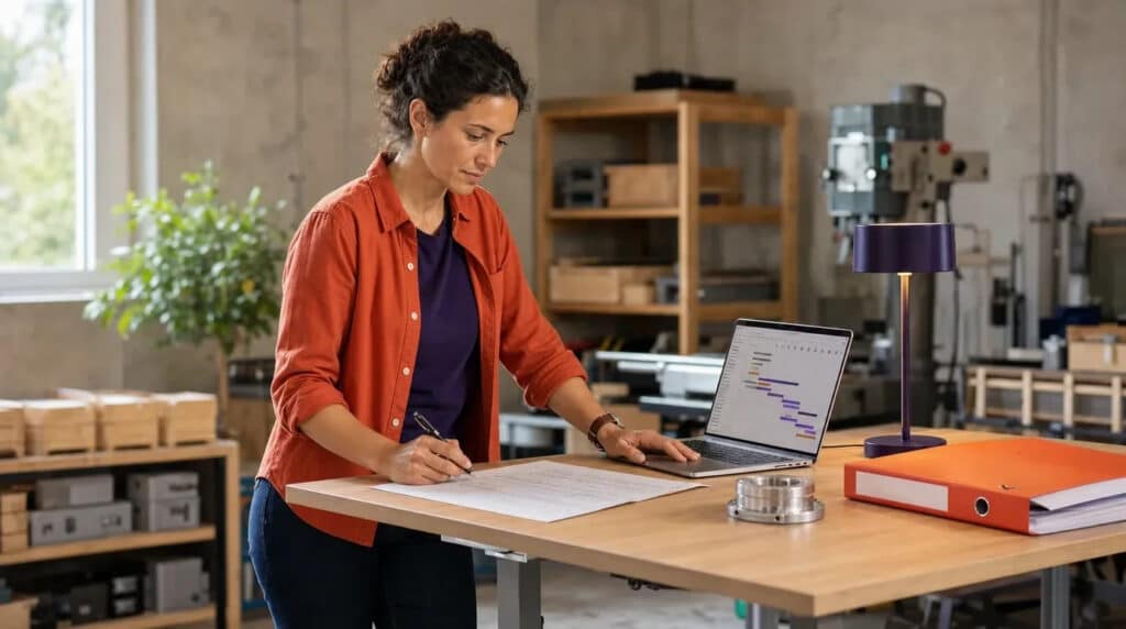 Frau am Stehtisch in Fertigungsbüro prüft Produktionsplan am Laptop, oranger Ordner und violette Lampe.