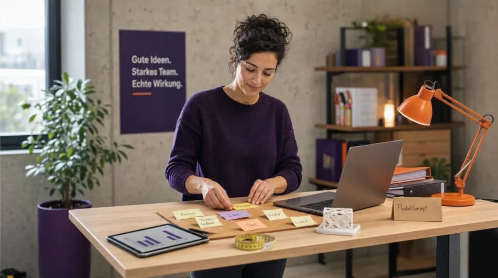 Frau im Stehen sortiert Haftnotizen neben Laptop und Produktmuster, oranger Ordner und Lampe im Büro.