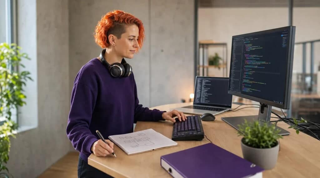 Frau mit orangerotem Haar programmiert konzentriert am Stehschreibtisch, Code auf Monitor und Laptop.