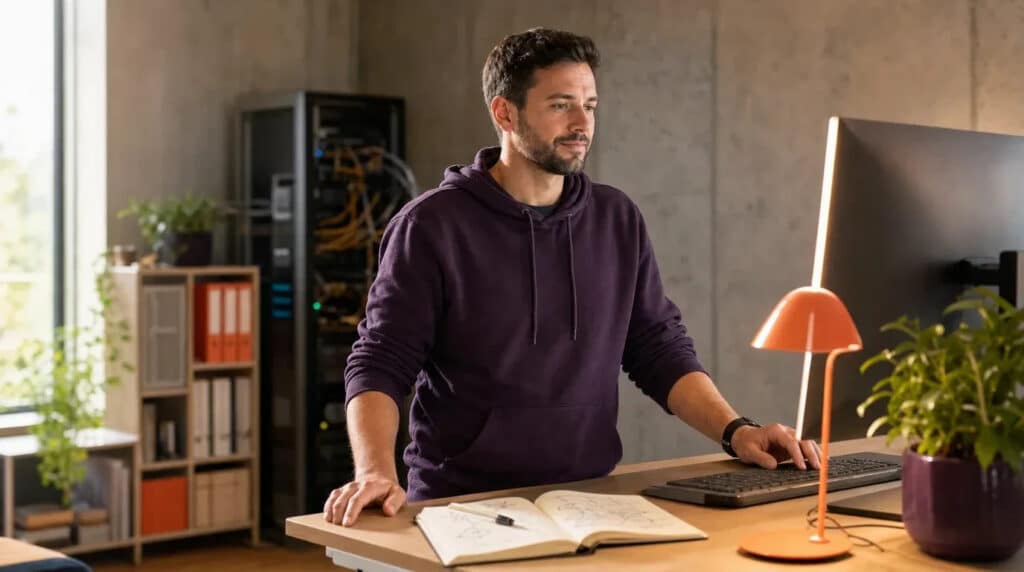 Mann arbeitet konzentriert am Stehschreibtisch vor Monitor, daneben Notizheft und orangefarbene Lampe.