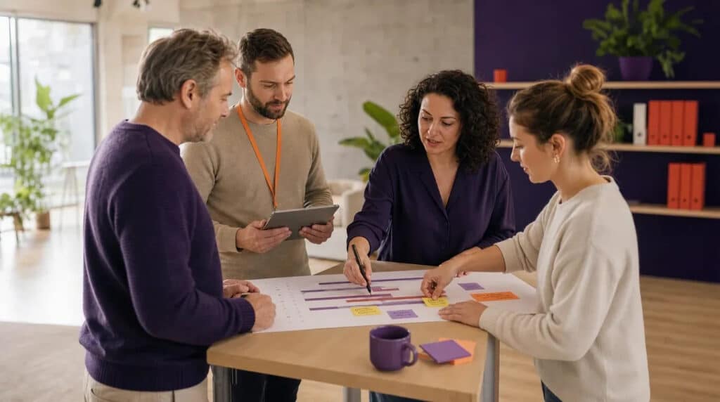 Vier Personen besprechen an einem Stehtisch einen Projektplan; im Hintergrund Regal mit orangefarbenen Ordnern.