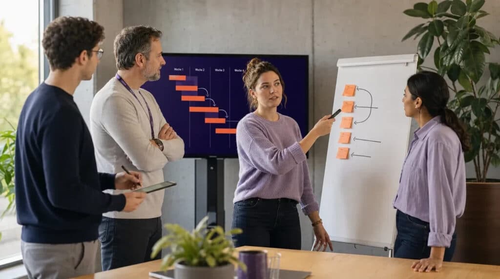 Vier Kollegen stehen im hellen Besprechungsraum vor Flipchart und Monitor mit orange-violettem Balkenplan.