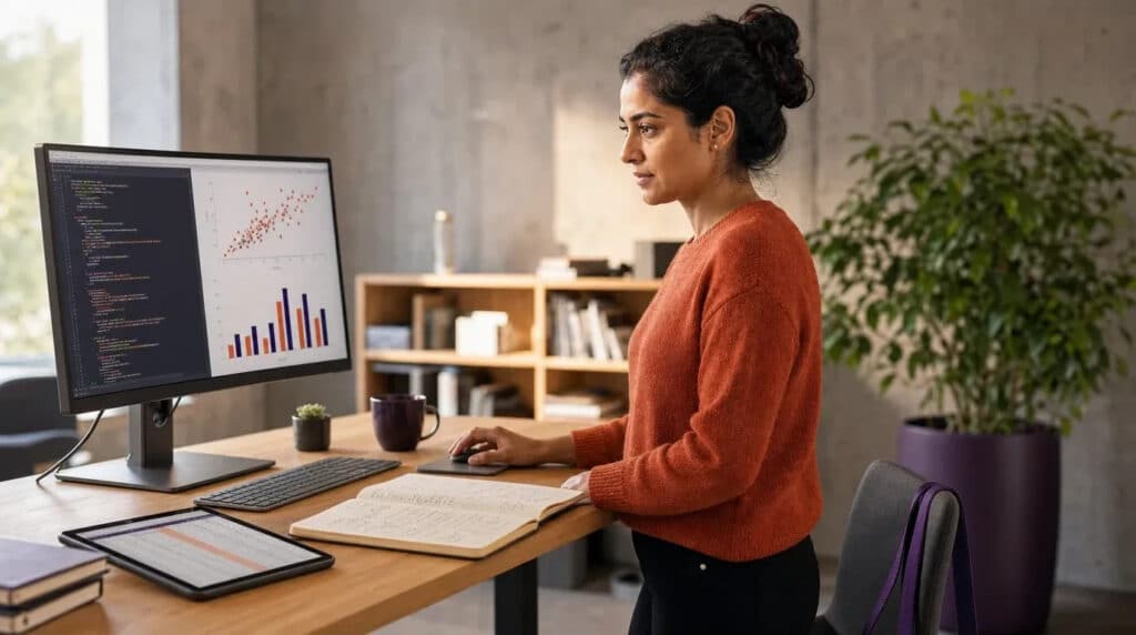 Frau am Stehschreibtisch analysiert am Monitor Code und farbige Datendiagramme in Orange und Violett.