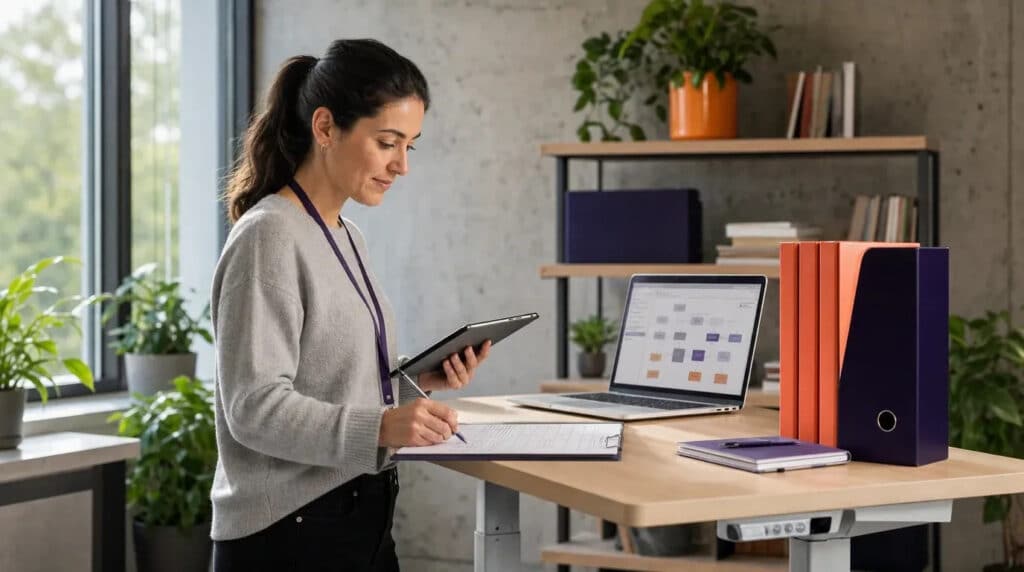 Frau am Stehschreibtisch prüft mit Tablet und Klemmbrett eine Checkliste, orange Ordner im Regal.
