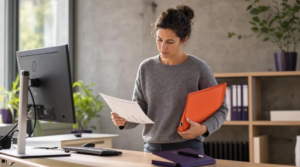 Frau am Stehschreibtisch prüft Unterlagen am Monitor, orangefarbener Ordner und violettes Notizbuch.
