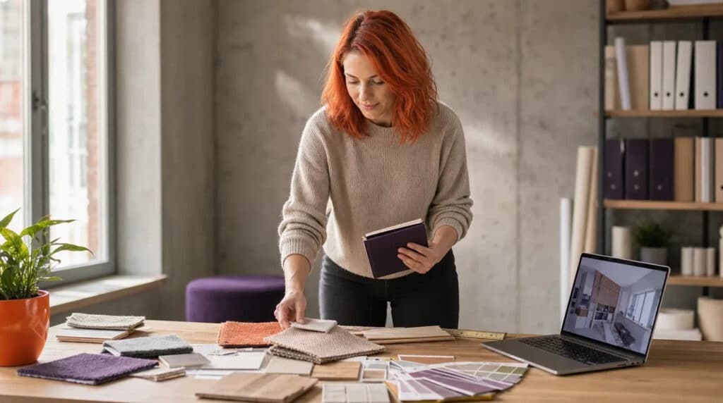 Frau mit orangeroten Haaren sortiert am Holztisch Material- und Farbmuster, Laptop mit Raumentwurf.