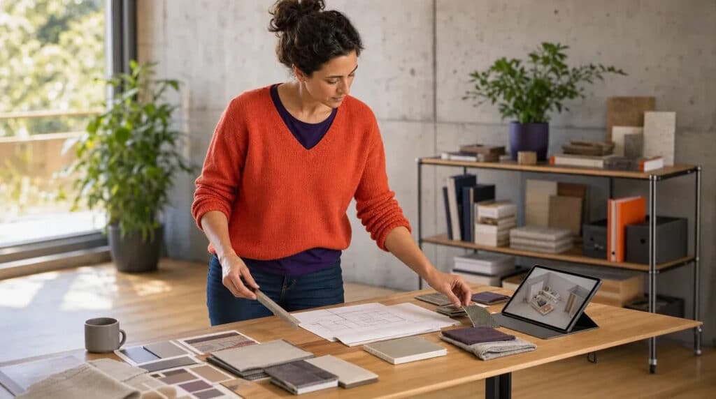 Frau im orangefarbenen Pullover ordnet Material- und Farbmuster an einem Arbeitstisch mit Grundrissplan.