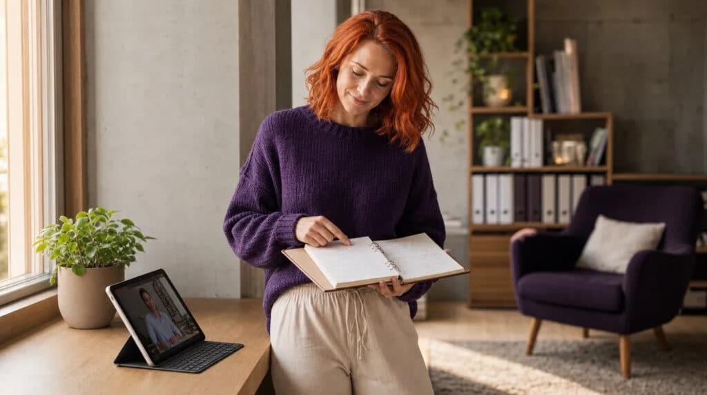 Frau mit orangerotem Haar steht mit Notizbuch am Fenster, daneben Tablet, ruhige Lernatmosphäre.