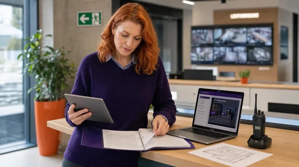 Frau mit orangefarbenem Haar lernt mit Tablet und Ordner an einer Empfangstheke vor Monitorwand.