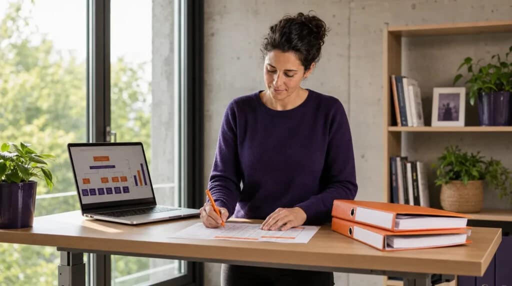 Frau am Stehschreibtisch markiert Notizen, Laptop zeigt oranges Organigramm einer sozialen Einrichtung.