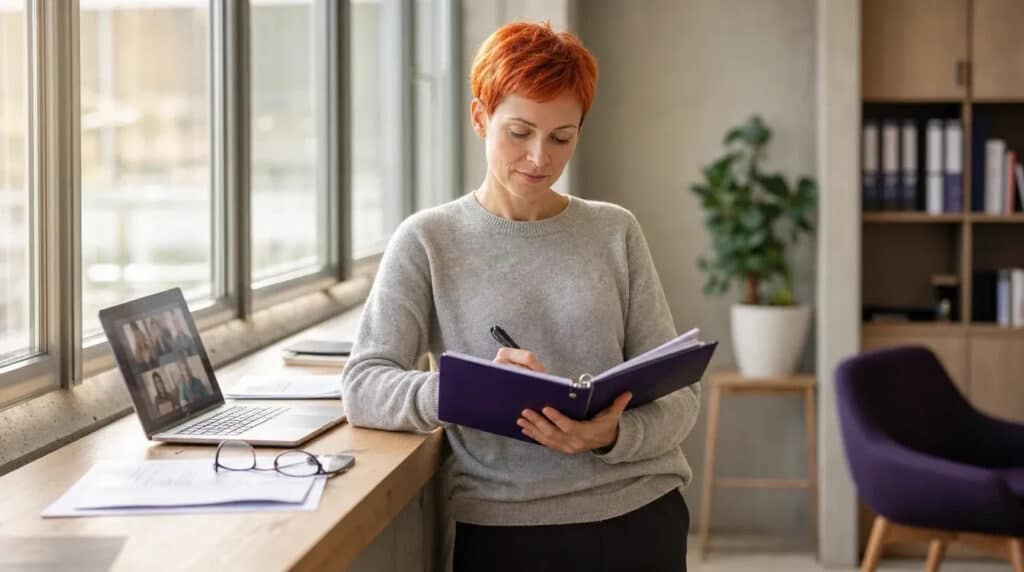 Frau mit orangem Haar steht am Fenster, notiert in violettes Ringbuch, Laptop auf Holztresen daneben.