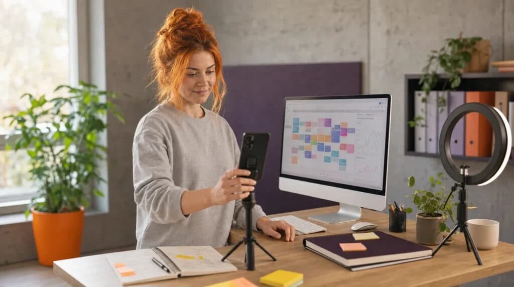 Frau mit orangen Haaren am Stehschreibtisch prüft Smartphone-Clip, Monitor zeigt Redaktionsplan.