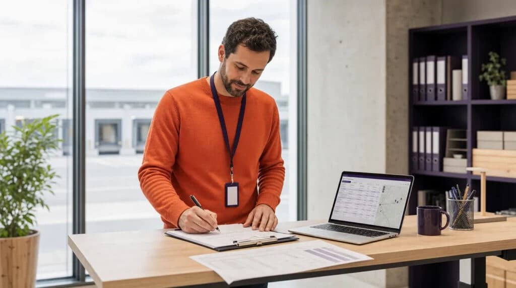Mann im orangefarbenen Pullover steht am Stehschreibtisch im Logistikbüro und prüft Frachtpapiere am Laptop.