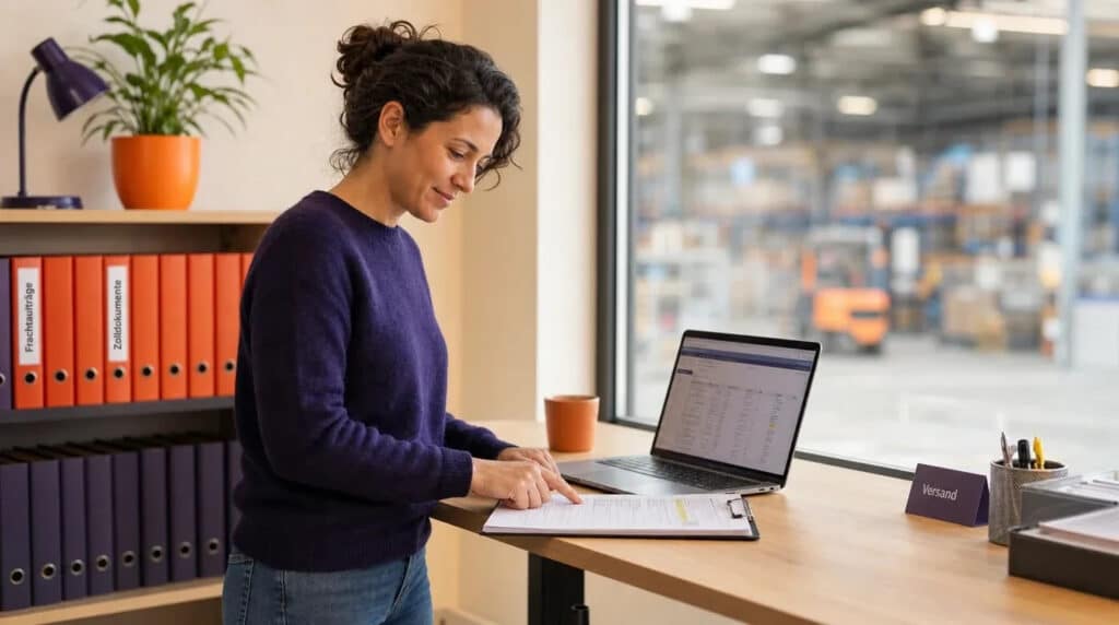 Frau prüft am Stehschreibtisch Lieferpapiere, Laptop und orange Ordner im Speditionsbüro.