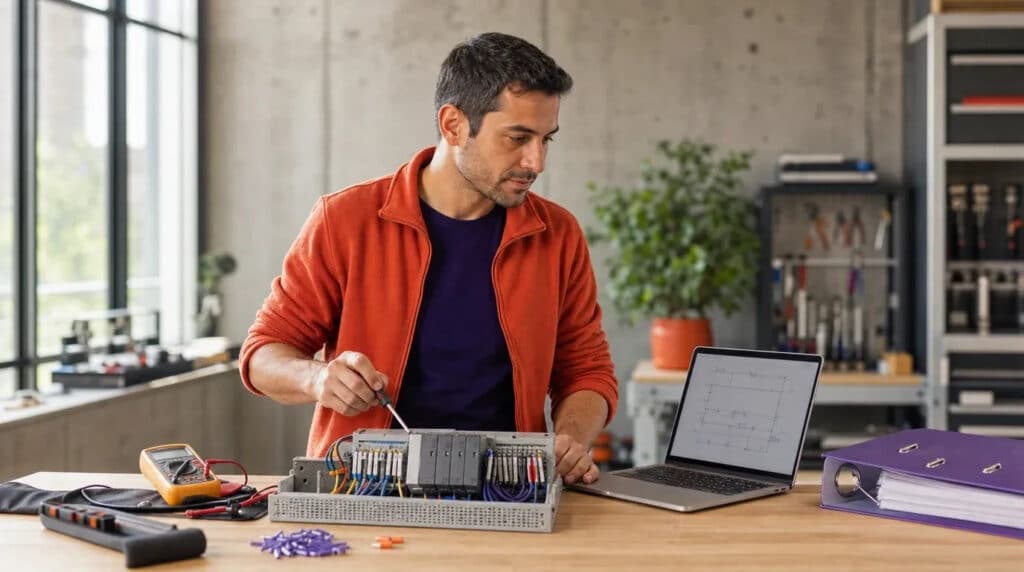 Person im orangefarbenen Pullover arbeitet an Werkbank an einem SPS-Steuerungsmodul, Laptop daneben.