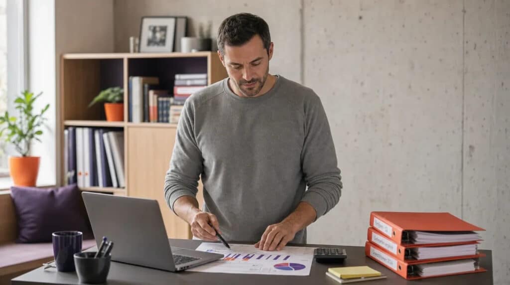 Mann am Stehschreibtisch prüft mit Stift technische Kennzahlen, daneben Laptop und orangefarbene Ordner.