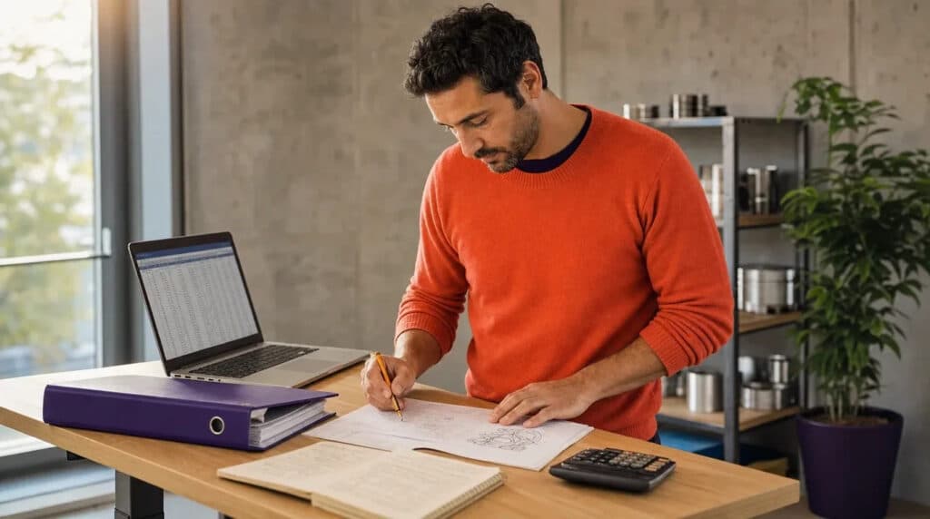Mann im orangefarbenen Pullover lernt stehend am Stehschreibtisch mit Laptop, Ordner und Notizen.