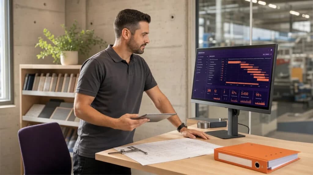 Mann am Stehtisch in Werkstattbüro betrachtet Monitor mit orange-violettem Produktionsplan, Tablet in der Hand.