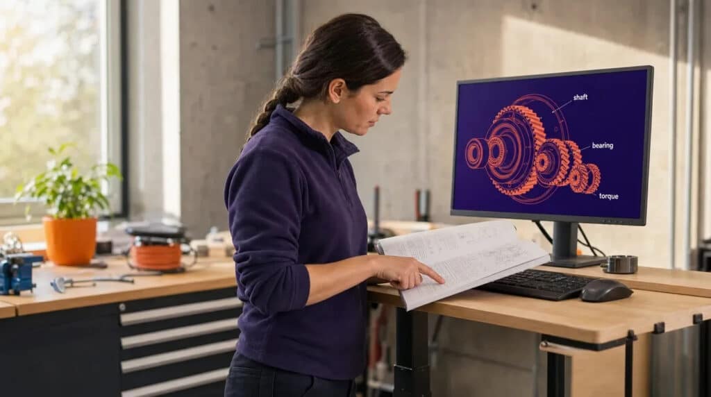 Frau am Stehtisch in Werkstatt liest technisches Handbuch, Monitor zeigt englische Bauteilzeichnung.