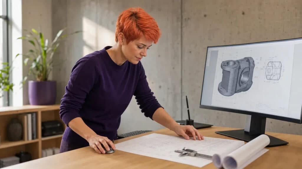 Frau mit orangerotem Haar zeichnet am Stehschreibtisch ein technisches 3D-Bauteil am Monitor.