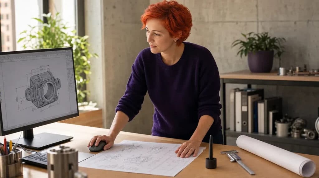 Frau mit orangerotem Haar zeichnet am Stehschreibtisch ein technisches 3D-Bauteil am Monitor.