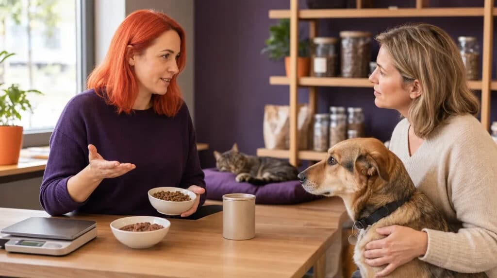 Beraterin mit orangefarbenem Haar erklärt einer Hundehalterin Futterportionen; Hund und Katze im Raum.